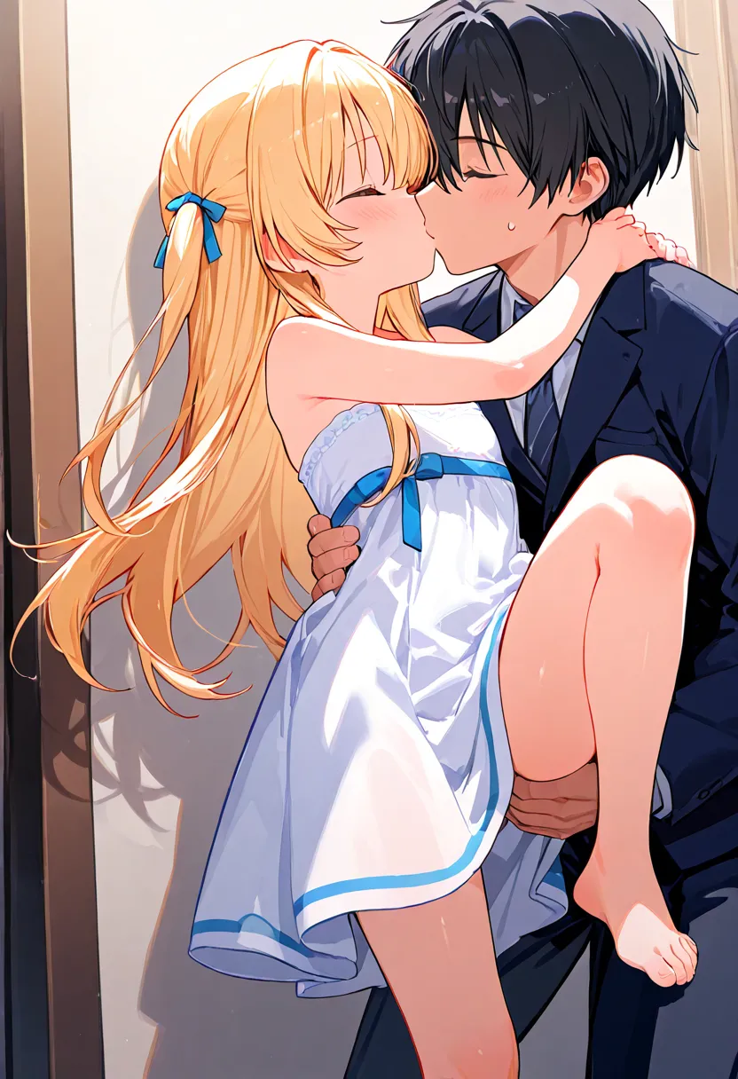 loli.cute,strapless dress.standing.legs.feet.kissing boy.hugging,fingring,standing.knee up.face to face,score_9, score_7_up