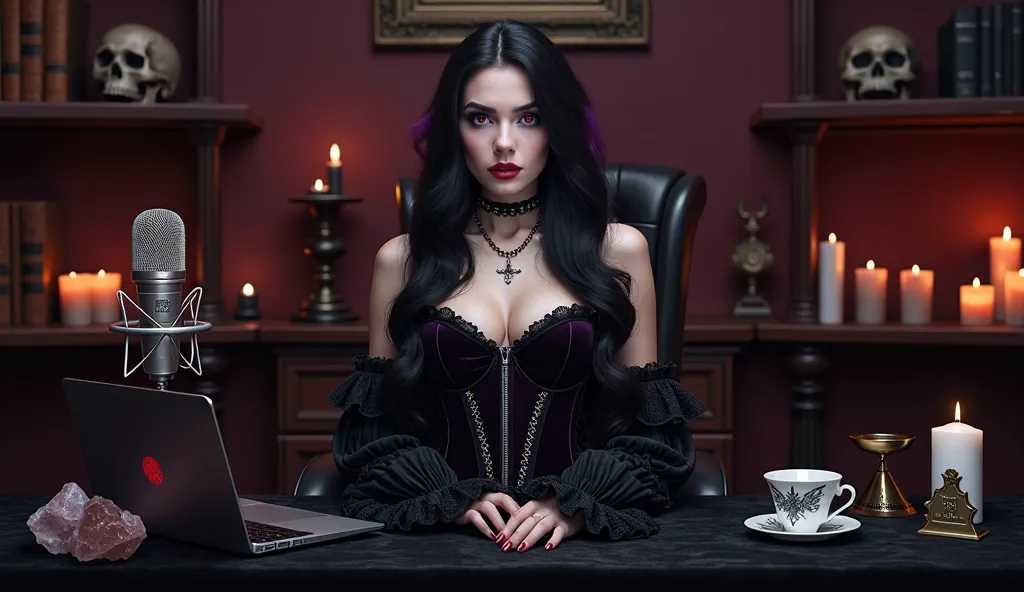 A hyper-realistic portrait of Alina (@GothicAlina), a stunning 26-year-old gothic YouTuber, sitting straight at her desk during a live stream. The camera is positioned directly in front of her, capturing her flawless pale skin, sharp features, and captivat...