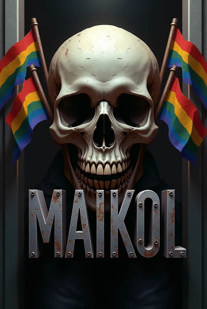 Logo with LGBT flags with skull in a closet in the background and easy to assault 107 and a name in iron letters that say MAIKOL  , very realistic image 