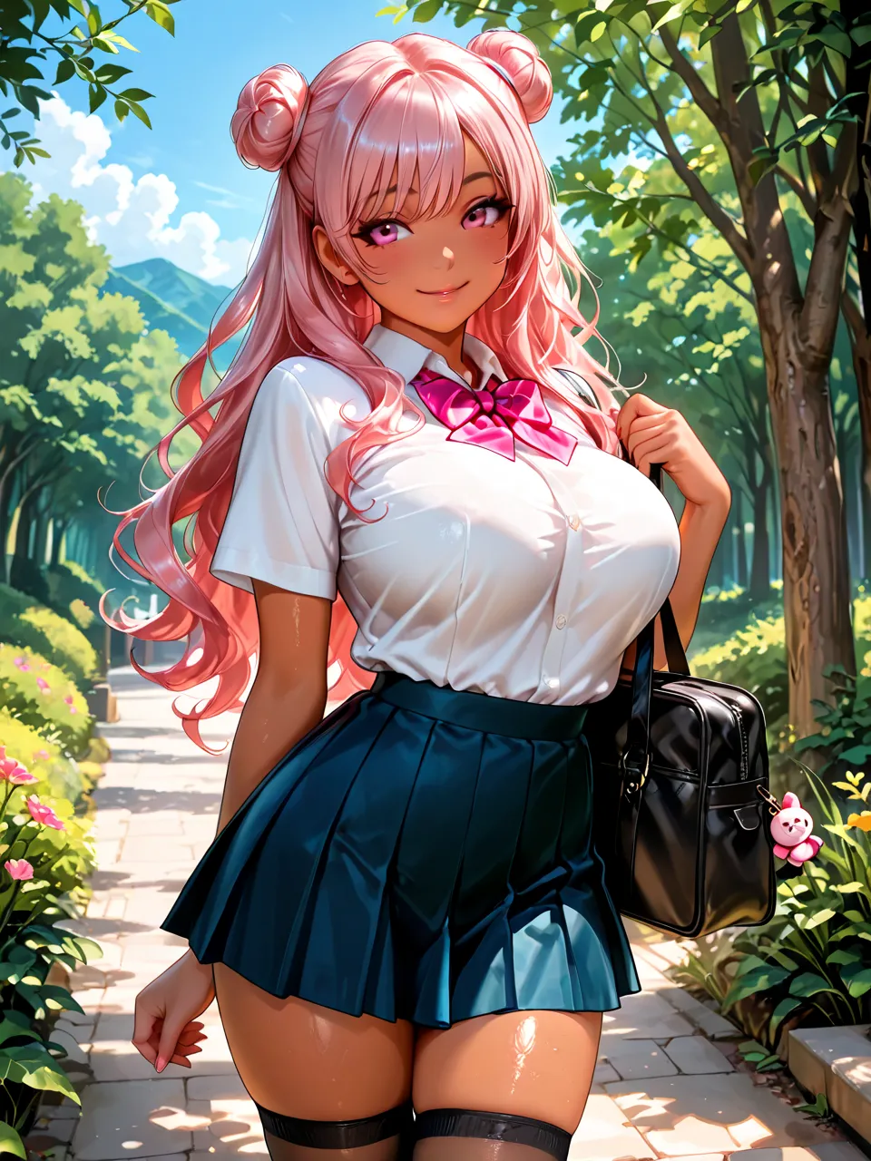 ((solo)), amazing masterpiece, top quality, high fashion, absurdres extremely, HDR, intricate details, vivid colors, upper body, Very cute face, very cute girl,, pink eyes, large breasts,Small size High school girl uniform, Pink wavy long hair, double bun,...