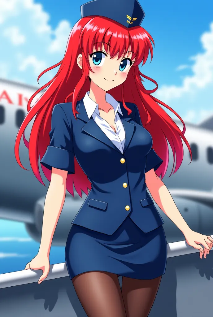 Ranma chan, long straight red hair, blue eyes, thick thighs, pantyhose, very short skirt, flight attendant uniform, big breasts, happy, see-through cleavage