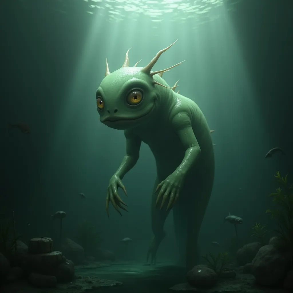 A hyperrealistic, eerie aquatic creature lurks in the shadowy depths of a misty lake, its pale green, slick skin glistening with moisture. Its large, bulbous eyes gleam in the dim light, reflecting a strange intelligence and a hint of mischief. Small, shar...