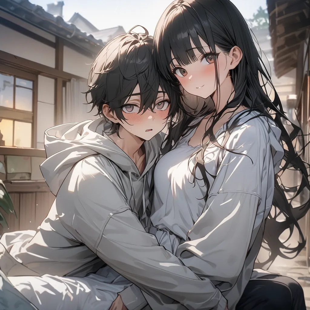 brothers and sisters hugging each other、( One woman has dark eyes ,  black hair , Disheveled clothing、white dress、chest visible、man is sitting on his lap), ( the other man has brown eyes, Closed hair , hoodie, Hug a girl behind your back ), in(masterpiece,...