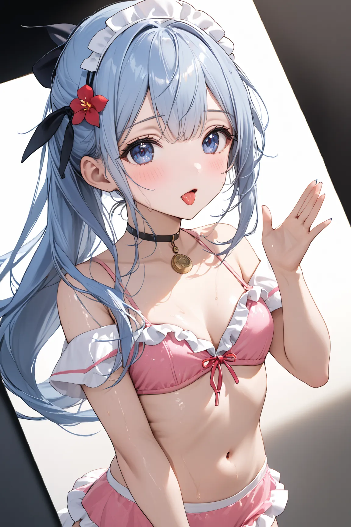 Shianchoruwu , blue eyes, long hair, blue hair, ponytail, sidelocks, floating hair, hair ribbon, frilled hairband, maid headdress, black choker, small breasts, collarbone, bare shoulders, navel, stomach, open clothes, off shoulder, toenail polish, nail pol...