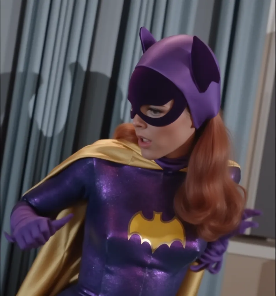 Masterpiece, Award Winning, High Quality, artgerm, solo, wearing retro Batgirl purple costume, big breast, retro red hair, looking at viewer, makeup, yellow and purple Batgirl cape, purple Batgirl gloves, b4tg1rl woman, posing sexy, Yvonne Craig woman, sex...