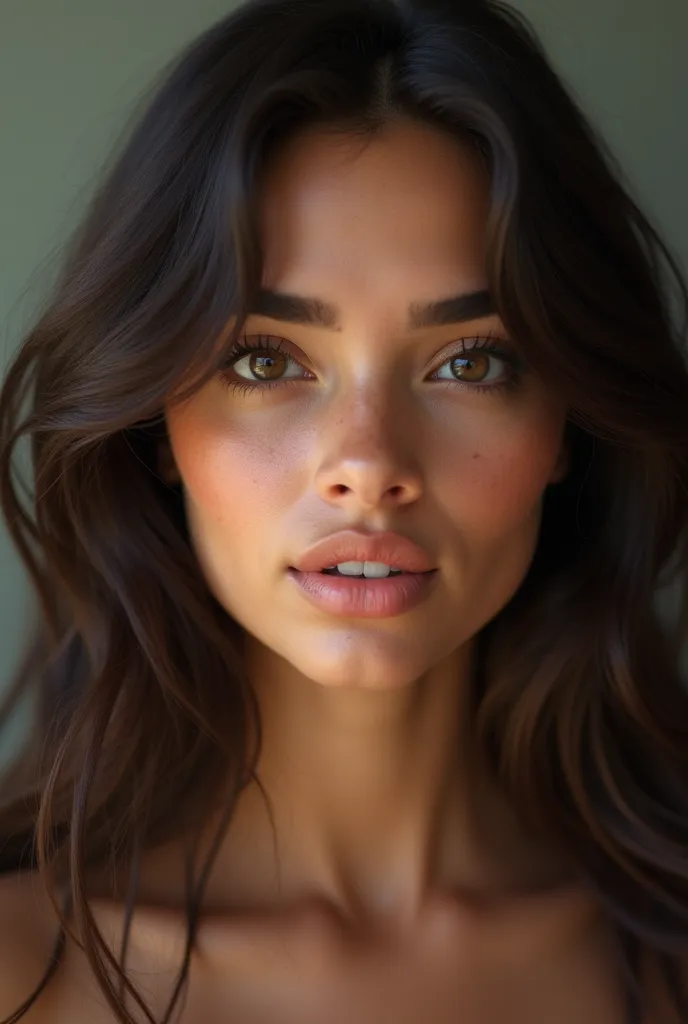 A realistic model, a 23-year-old Latin American girl with extremely detailed and natural texture. Her light brown skin displays authentic features, as visible pores, light oiliness in some areas, subtle expression marks and minor imperfections that reinfor...