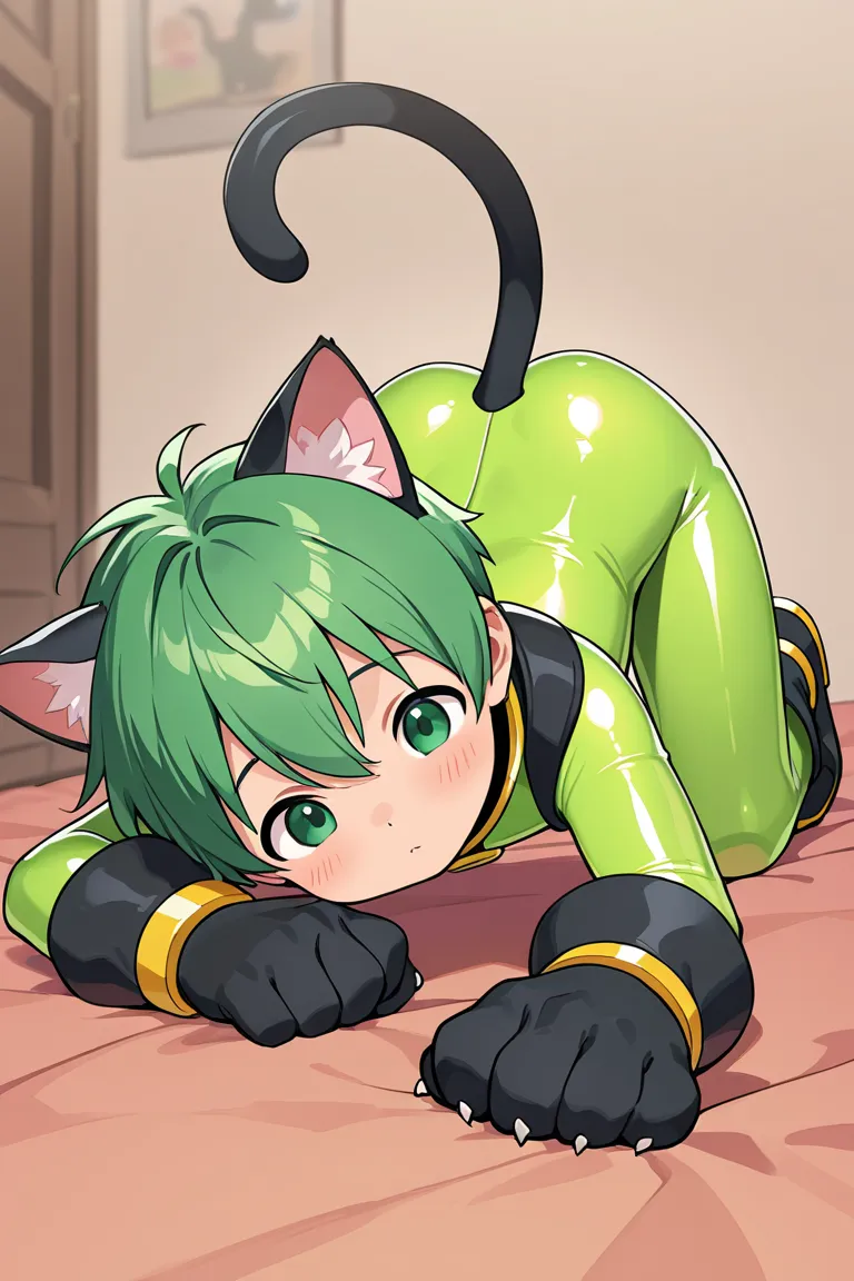  A boy，cute， Green short hair ，Cat ears，Cat&#39;s paw， Shota，Rubber bodysuit，Little Hero，，