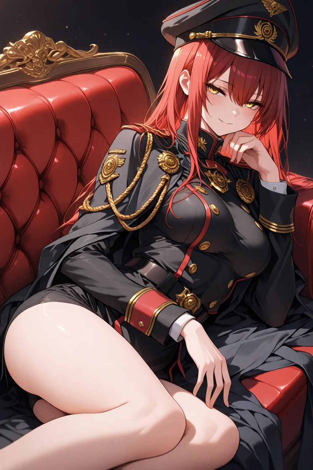 beautiful face, beautiful eyes,  best quality, look at viewers((best quality:1.5))((best quality eyes:1.5)), (from side) (from far away) 1 girl, golden eyes, red hair, long hair, military uniform), (military hat), cloak, perfect hands, half-closed eyes, se...