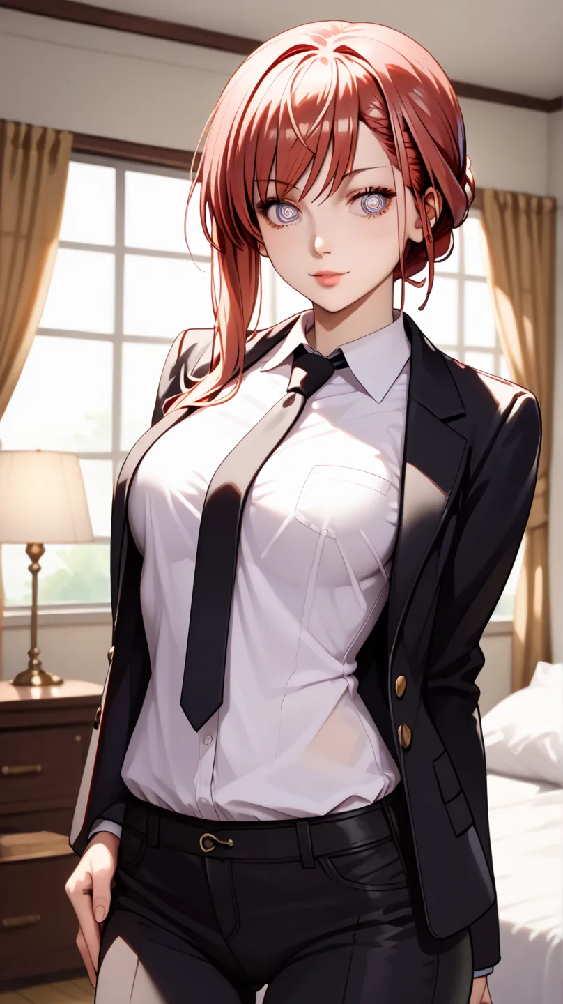 anime girl with red hair and black lingerie, an anime drawing Eizan Kikukawa, neo-figurative, shuushuu anime image, sakura kinomoto, miyamoto musashi, score_8_up, score_7_up, source_anime, makima, braided ponytail, ringed eyes, formal, black jacket, white ...