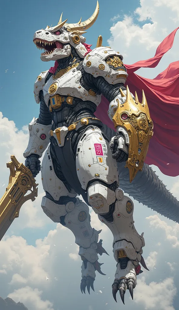 Picture a strong, majestic, and super bulk futuristic tyrannosaurus holy knight,flying blessed in a sky, wearing a heavy and sturdy looking body armor, dominated by white or silver that gives the impression of strong metal. Black accents adorn the chest an...