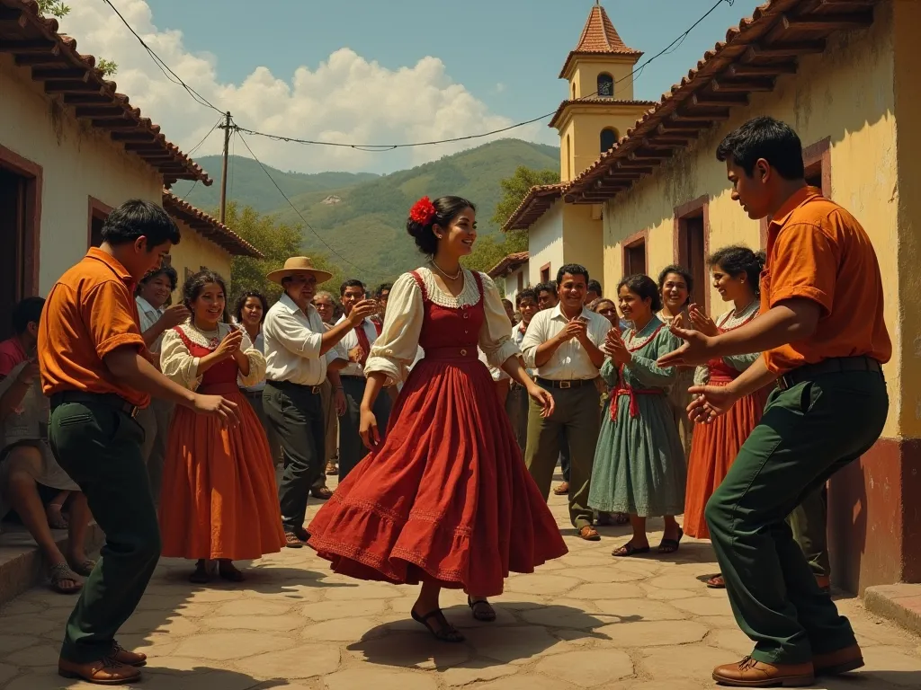 Create a Caravaggio-style painting of a young woman dancing with Huipil , And a young man in dark green pants and an orange shirt ,surrounded by Nicaraguan peasants at a joyful party with humble houses of colors and tiles and a church 