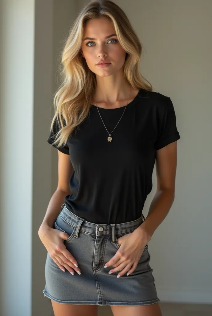 A young woman with a beautiful body,Mature has big breasts and is slim,blond hair, a short gray skirt that shows your thighs,usa algo de maquillaje y tiene el blond hair y en chongo, a black t-shirt that should see your abdomen