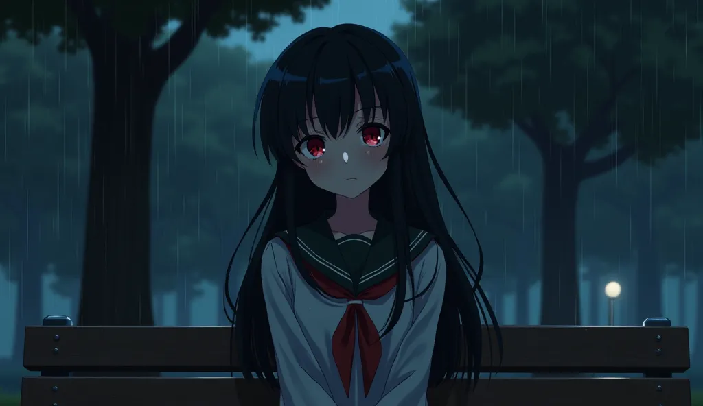 "A sad anime girl with long black hair and teary red eyes, wearing a school uniform. She is sitting alone on a park bench at night, with raindrops falling around her."