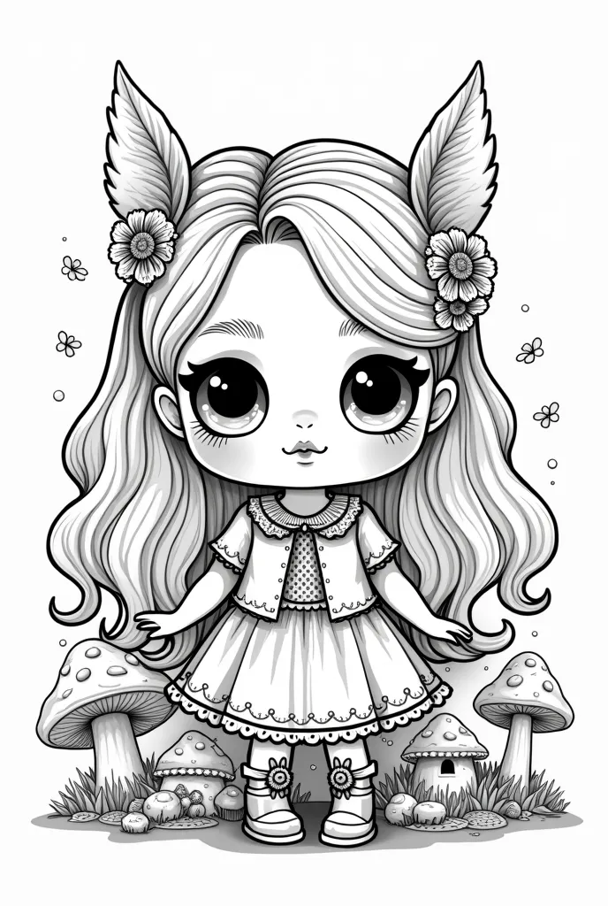 4K, HD, 8K — Create a HAPPY Chibi doll, in the coloring book style, with fine lines and well-defined lines. The doll wears decorated clothes and accessories. The background must present a secret hiding place of fairies with mushrooms, small houses and magi...