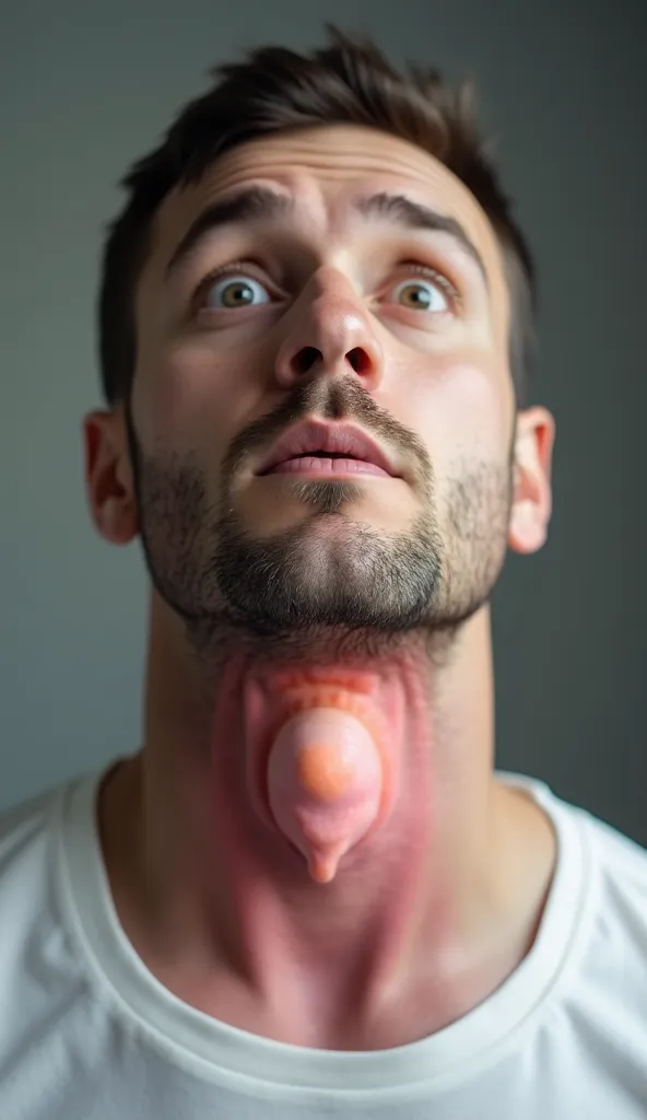 A realistic image of a man with a goiter, showing a visibly swollen neck due to the condition. The focus should be on the enlargement of the thyroid gland, with a bulging and swollen area on the front of the neck. The man's facial expression may be neutral...