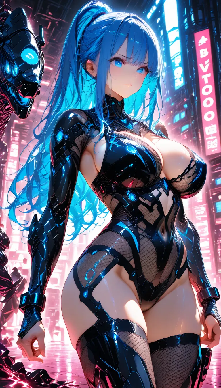 a girl,  athletic body, big breasts, black carbon fiber lingerie, Nanotechnology, luvas até o cotovelo Nanotechnology, botas até as coxas Nanotechnology, fishnet suit, Long hair, ponytail, blue hair clothing, blue eyes, 