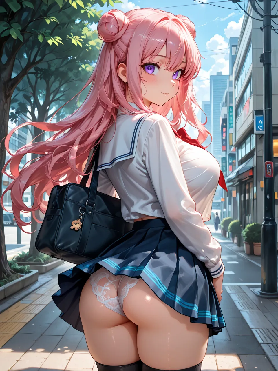 ((solo)), amazing masterpiece, top quality, high fashion, absurdres extremely, HDR, intricate details, vivid colors, upper body, Very cute face, very cute girl,Japanese anime face, pink big eyes, large breasts,Small size High school girl uniform, Pink wavy...