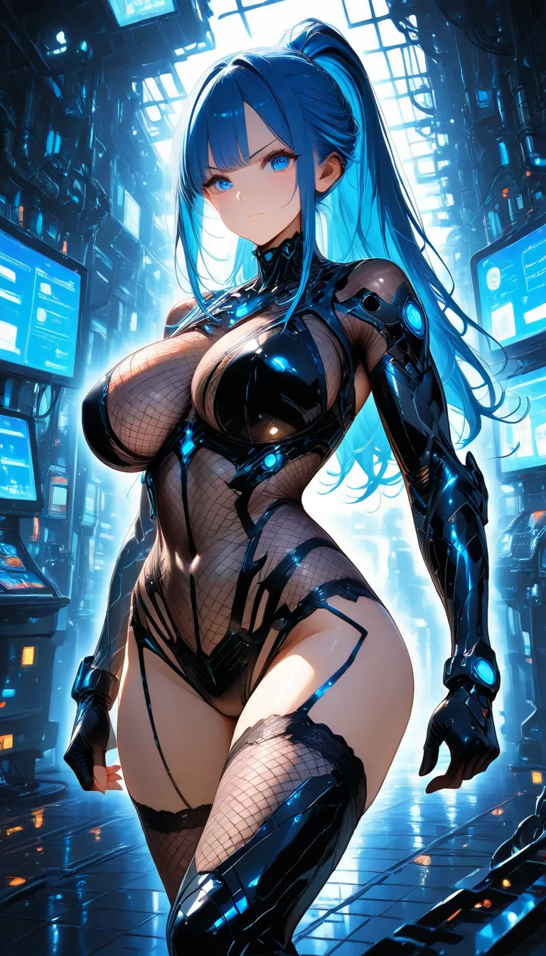 a girl,  athletic body, big breasts, black carbon fiber lingerie, Nanotechnology, luvas até o cotovelo Nanotechnology, botas até as coxas Nanotechnology, fishnet suit, Long hair, ponytail, blue hair clothing, blue eyes, 