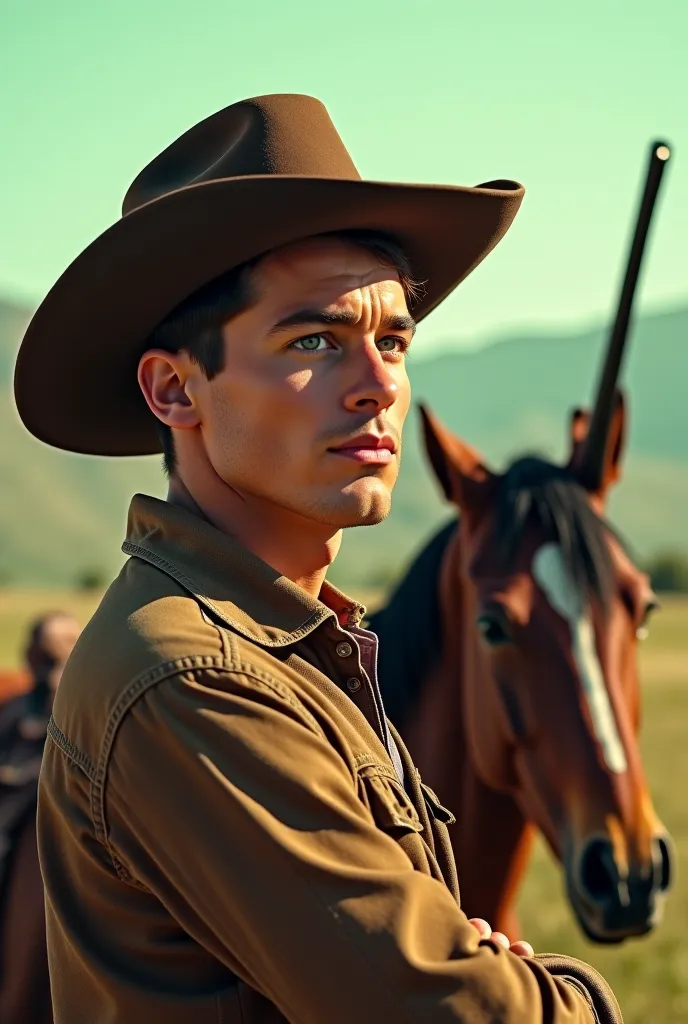 create a realistic image relaxing beside horse, on hand holding gun, open head, Cowboy s age ,  open head,open hair, aged 26, handsome face, valleys, time 1960 , boy looks beautiful large eyes, green background,, He's handsome,low light 