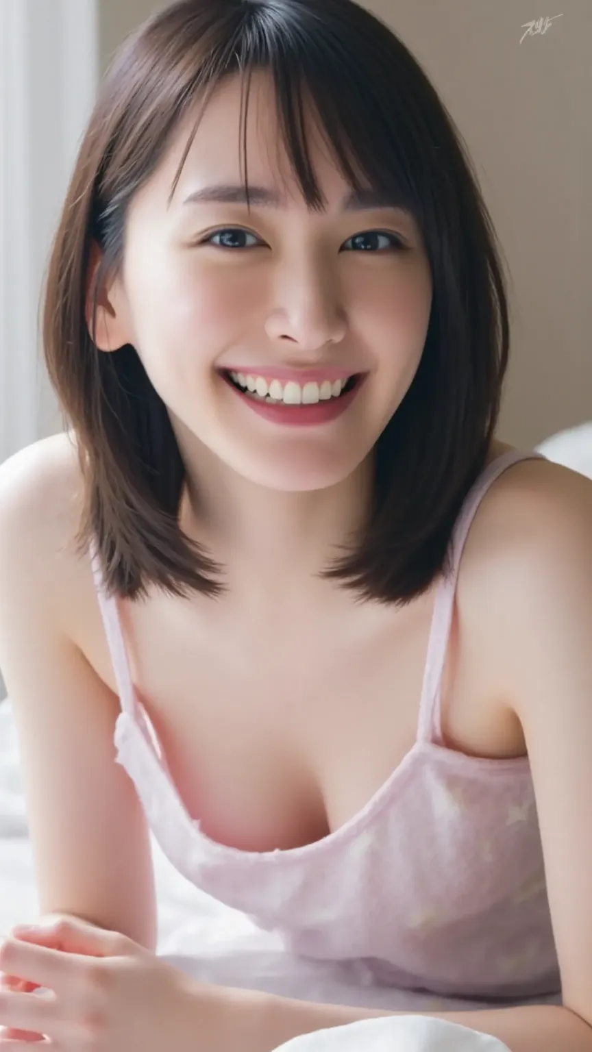 (Chest Valley。Between the breasts:1.3)。(My chest widened a lot:1.5)nightgown。(bras:1.8)。(Saggy Breasts:1.3)。18 year old cute Japanese girl 。on the bed in the bedroom。Staring at viewers with a big smile showing teeth。eros。orgasm。Ecstatic state。Jet Black Hai...