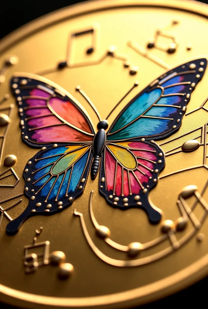 high quality ultra HD images of design carved gold coin with the text of "81 GROUP "from the gold coin multicolor butterfly's flying up and some musica notes also flying in the air