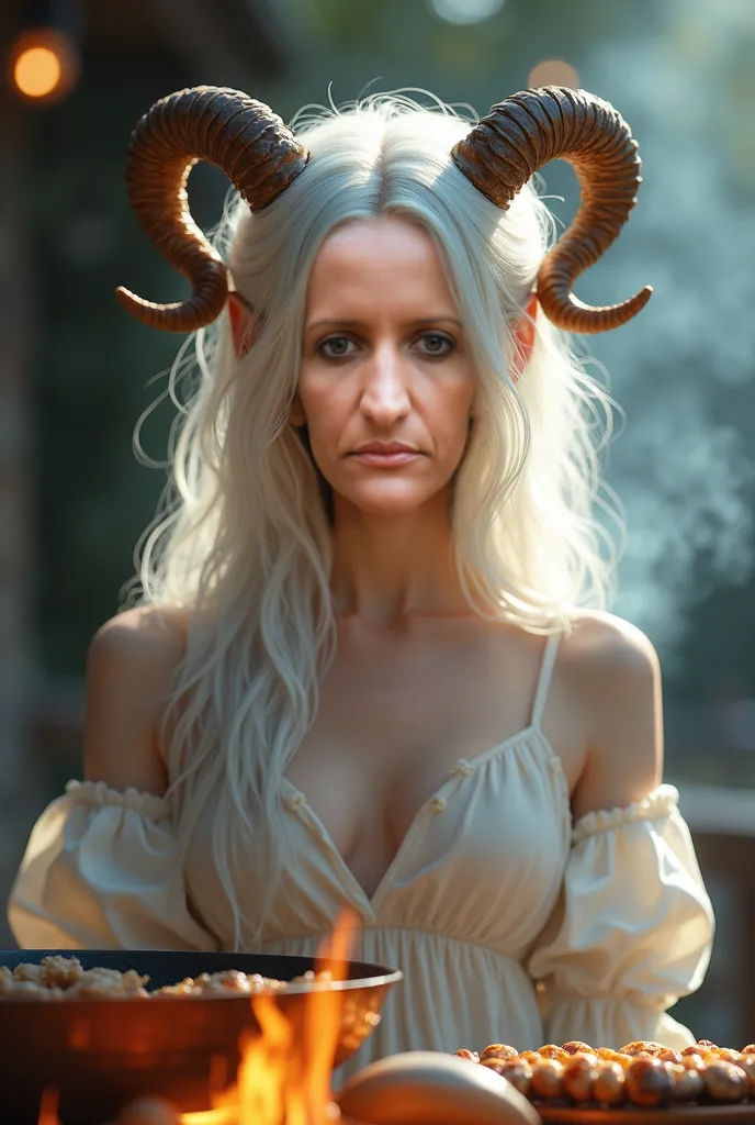 Beautiful young girl, White hair, Capricorn horns, barbecue cooking