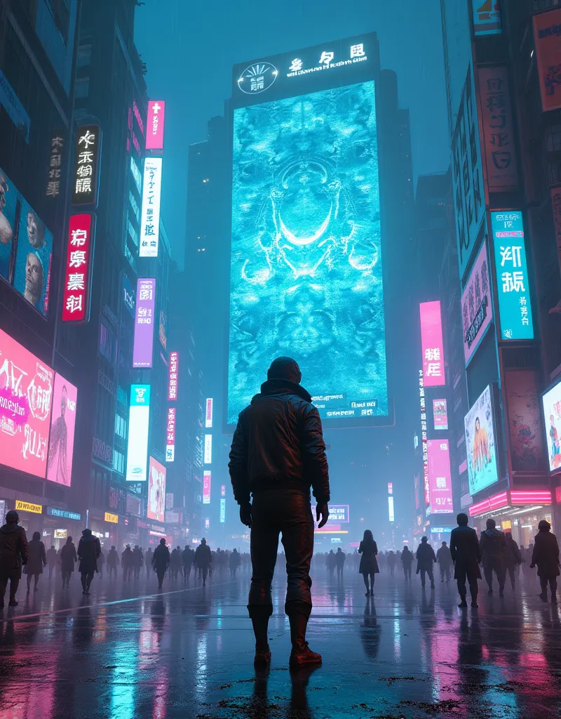 A futuristic cyberpunk city at night, illuminated by neon lights in shades of blue, pink, and purple. The streets are filled with humanoid robots and augmented humans wearing high-tech gear. A lone figure in a sleek, armored jacket stands in the rain, gazi...