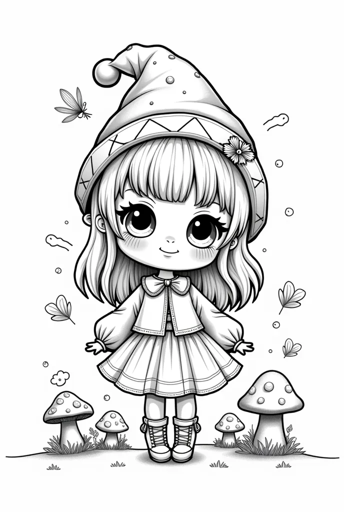 4K, HD, 8K — Create a HAPPY Chibi doll, in the coloring book style, with fine lines and well-defined lines. The doll wears decorated clothes and accessories. The background must present a secret hiding place of fairies with mushrooms, small houses and magi...