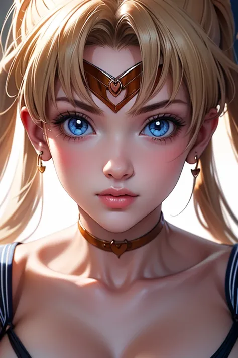 Sailor Moon, 1 girl,  athletic body, bigger breasts in bikinis, blue eyes, Long blonde hair, Moon Headdress ,    below 、 complex anatomical features  .  special effects are visual art  , drives viewers crazy.  technology makes colors more vivid , Complex e...