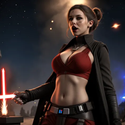 fellatio, MerrinJS, MerrinJFO, Skimpy charcoal and red outfit, cleavage, bare midriff, volumetric lighting, 8k, high resolution photo, ((Star Wars setting)), lipstick, blowjob, 1boy, 1girl, penis, dramatic, enthusiastic, cum