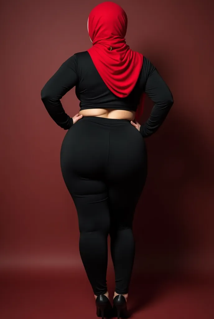 A white pale skin curvy milf woman is wearing a red hijab (headscarf), black crop top and tight fitting black leggings, with black high heels. Slightly thin waist with a beautiful big huge ass. Her stance emphasizes her curves, a popular posing style in so...