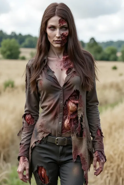 Zombie girl wearing torn leather, rotting flesh, open wounds, undead, torn off jaw, severed jaw, severed nose, blood and gore, bloody wounds, torn flesh, walking in a rye field