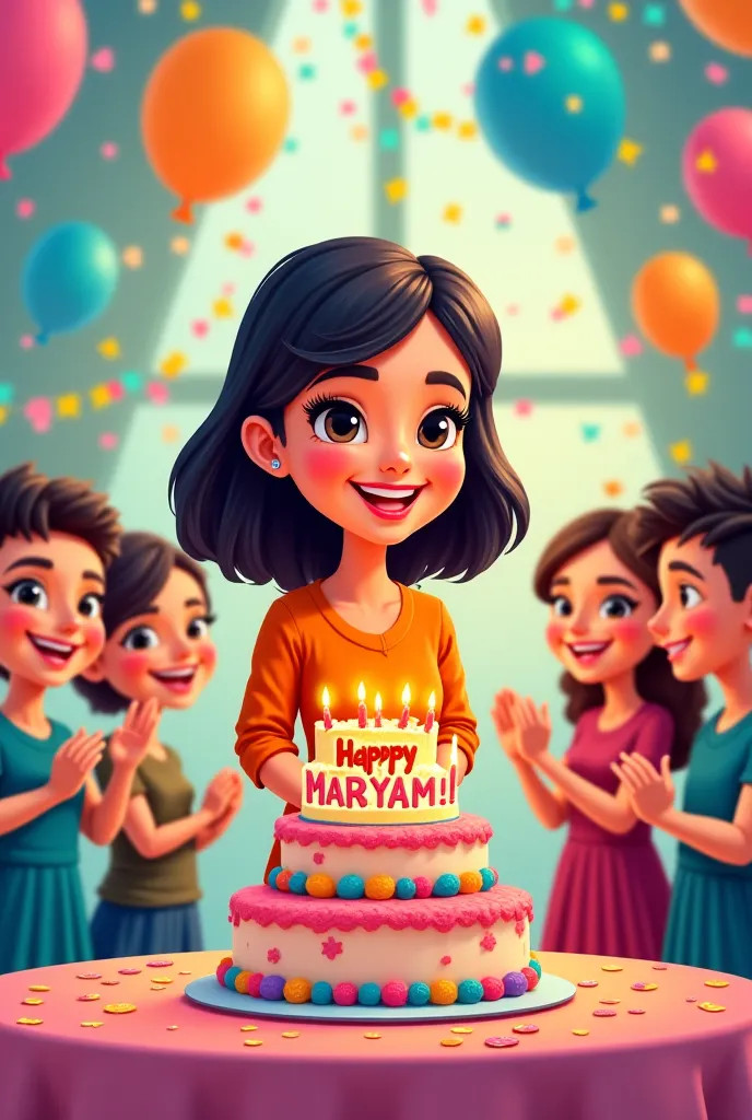 “A cartoon-style illustration of a 25-year-old girl named MARYAM celebrating her birthday. Maryam is dressed in a modest and stylish outfit, radiating joy and elegance. She stands next to a beautifully decorated table with a vibrant cake that says ‘Happy B...