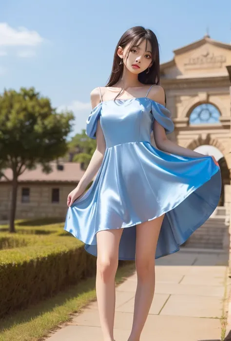 arafed woman in a blue dress standing in front of a stone arch, soft  Silk Dress, in blue dress, beautiful silk dress, sky - blue dress, blue  Silk Dress,  beautiful soft and silky dress ,  Silk Dress, Wearing an elegant dress, Loose Dress, wearing blue dr...