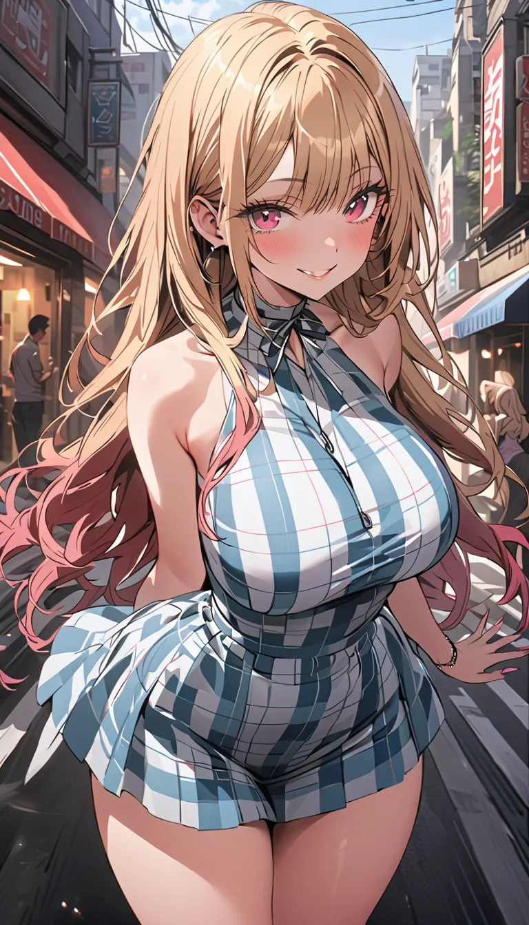 ((masterpiece, high resolution, better quality, better details)), ((Marin Kitagawa)), ((Smiling)), a woman on the street, urban landscape, summer dress, short dress, plaid dress blue and white, striped dress, dress with ruffles, ((big neckline)), high plat...