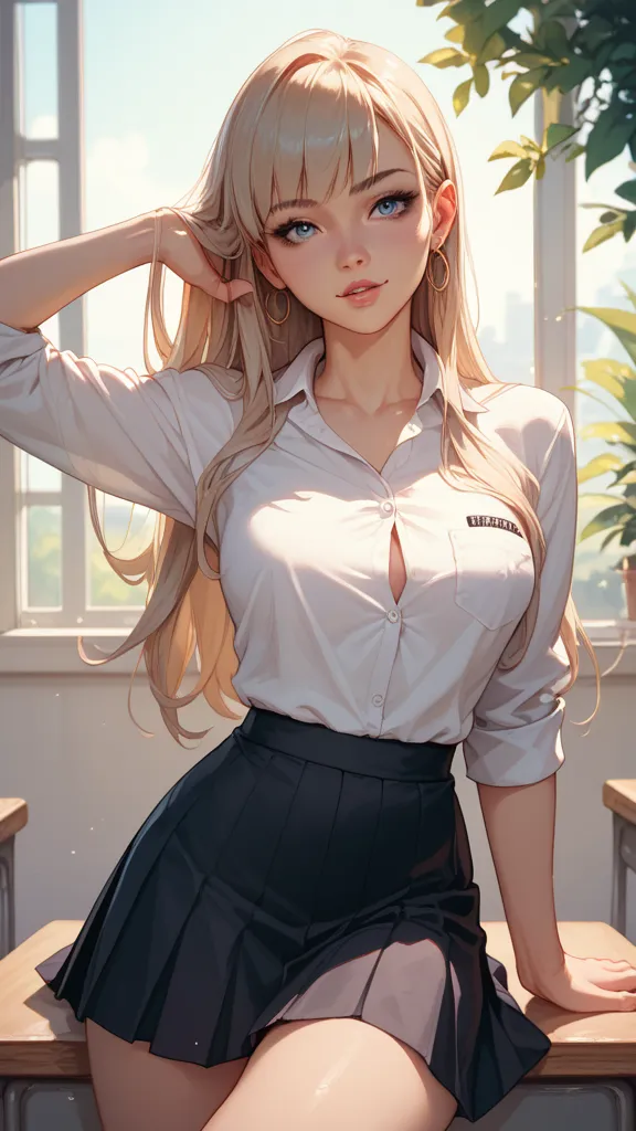 Sexy anime girl in a white school shirt and a long black skirt that is cut from the front and sides