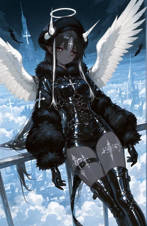The girl is a fallen black-and-white angel. Her long hair is obsidian black straight with white highlights. her eyes are dark black with white  crosses-like  pupils.  She has dark-grey skin and pointed ears. on her skin she has a tattoo of the silver cross...