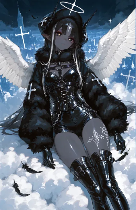 The girl is a fallen black-and-white angel. Her long hair is obsidian black straight with white highlights. her eyes are dark black with white  crosses-like  pupils.  She has dark-grey skin and pointed ears. on her skin she has a tattoo of the silver cross...