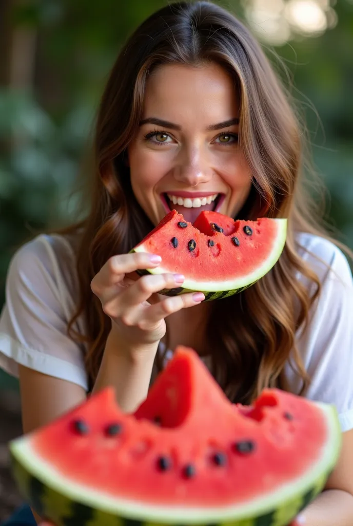 Poto in front of the camera a beautiful woman with long hair at the age of 30 is eating watermelons with a lot of watermelons