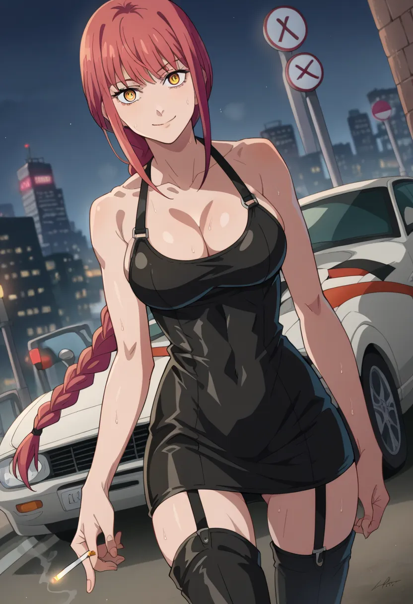 score_9, score_8_up, score_7_up, source_anime,
makima, makima, long hair, smile, bangs, yellow eyes, braid, red hair, braided ponytail, ringed eyes,
leans against the hood of a sleek black muscle car, the city skyline glowing behind her in the hazy night. ...