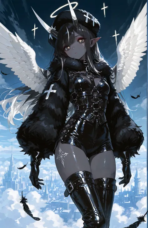 The girl is a fallen black-and-white angel. Her long hair is obsidian black straight with white highlights. her eyes are dark black with white  crosses-like  pupils.  She has dark-grey skin and pointed ears. on her skin she has a tattoo of the silver cross...
