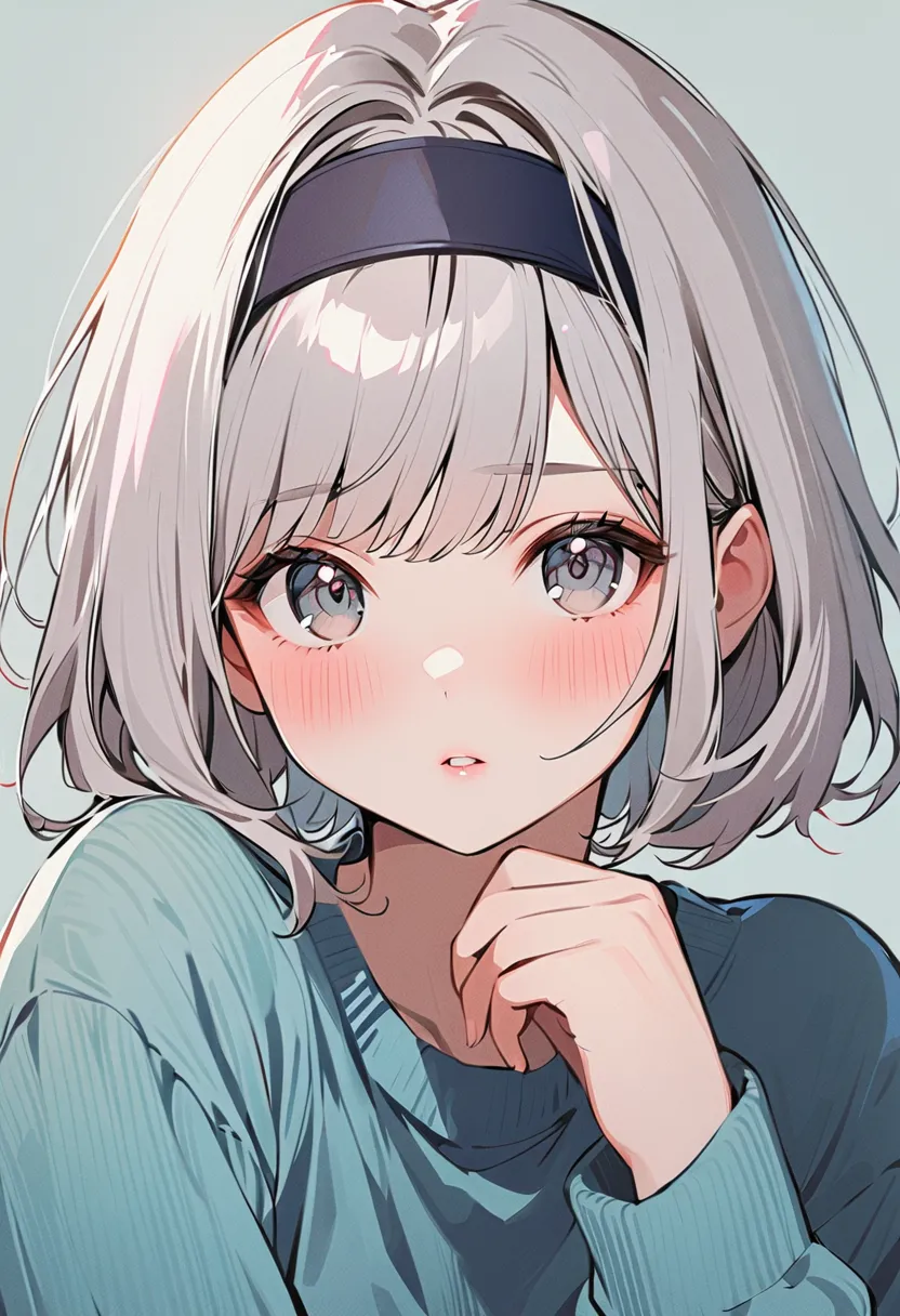 1girl, solo, long_sleeves, blue_sweater, sweater, grey_background, looking_at_viewer, blush, simple_background, short_hair, upper_body, grey_eyes, hairband