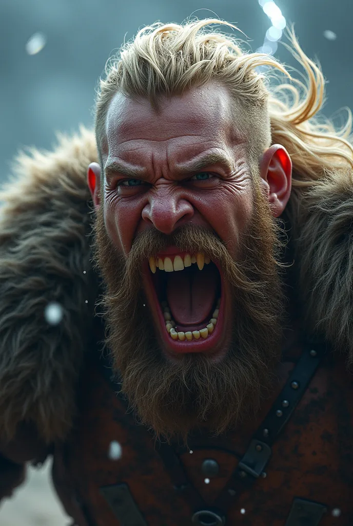 Create me the profile of a face of a Viking who is screaming like fighting 