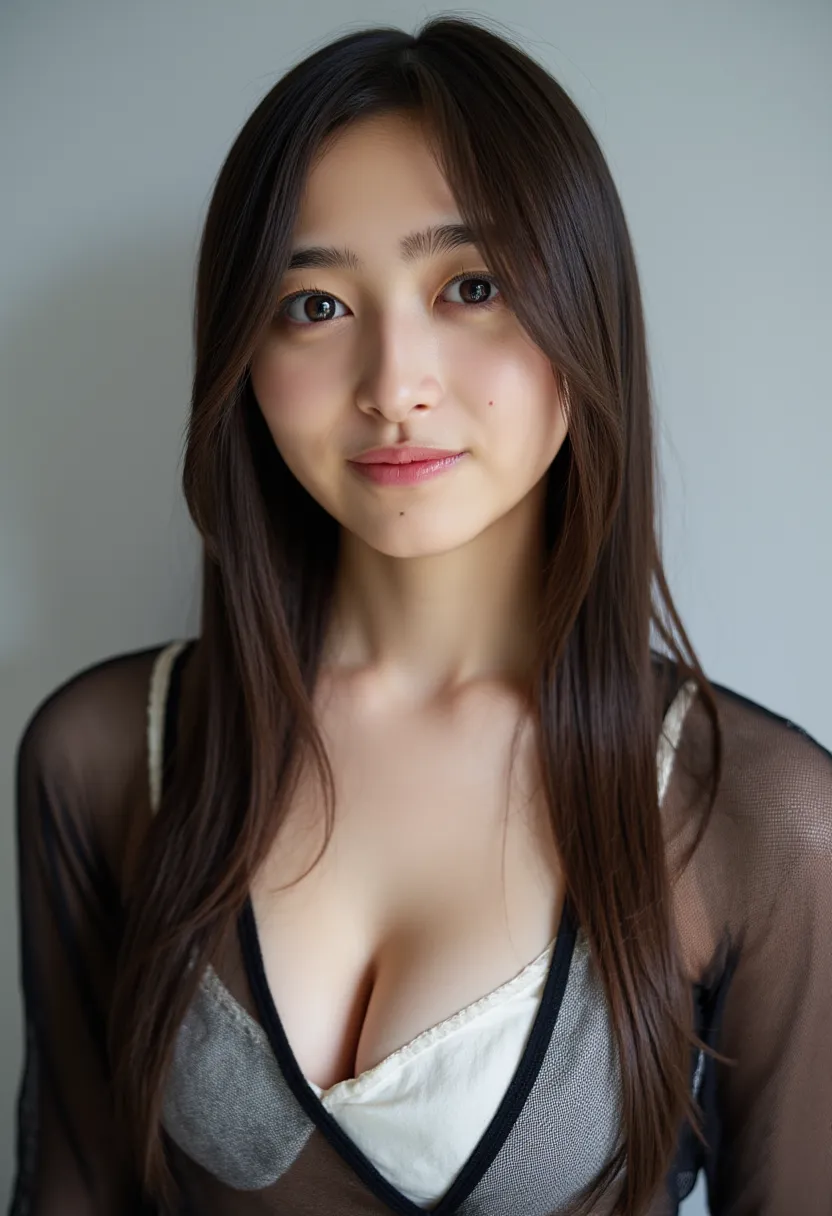 The image is a photograph of a young Asian woman, Nagi with straight, long brown hair that appears slightly damp, suggesting she might have just showered or applied a moisturizing product. She has a slim figure and snow-white skin. she has delicate facial ...