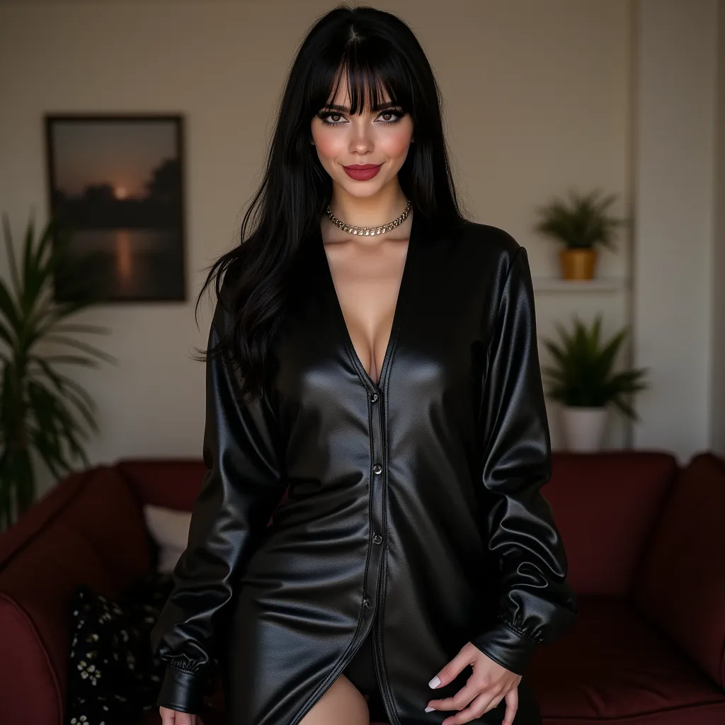 Realistic HDR noisy picture of a gen Z girl, 25 year old, bimbo look, she smirks with subtle smile, pitch black tied straight hair with some hair on the front, black eyeshadow, she is wearing a long leather button up cardigan, cardigan has many buttons, ca...