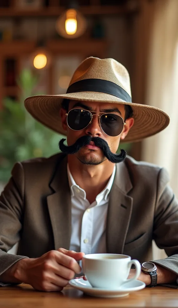 Christano Ronaldo trying to blend in at a local morrocan coffee shop, but in the most awkward and hilarious way. They’re wearing an oversized disguise—complete with a fake mustache, huge sunglasses, and an uncomfortably large hat. They're attempting to sip...