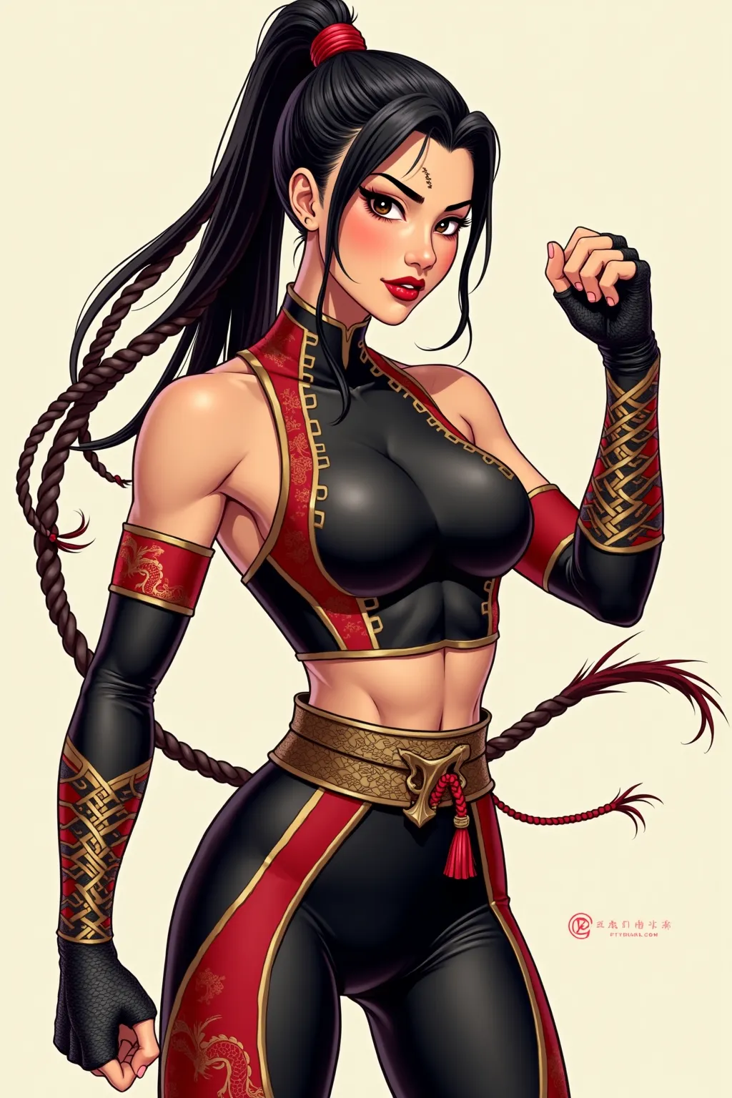 Stan lee,  marvel Comics inspired illustration

Mei Lin's appearance prompt.  1 slim Asian female wrestler,  Sharp almond shape dark brown eyeswith subtle gold eyeliner.  Slightly arched razor sharp eyebrows,  sleek and delicate nose deep crimson lipstick,...