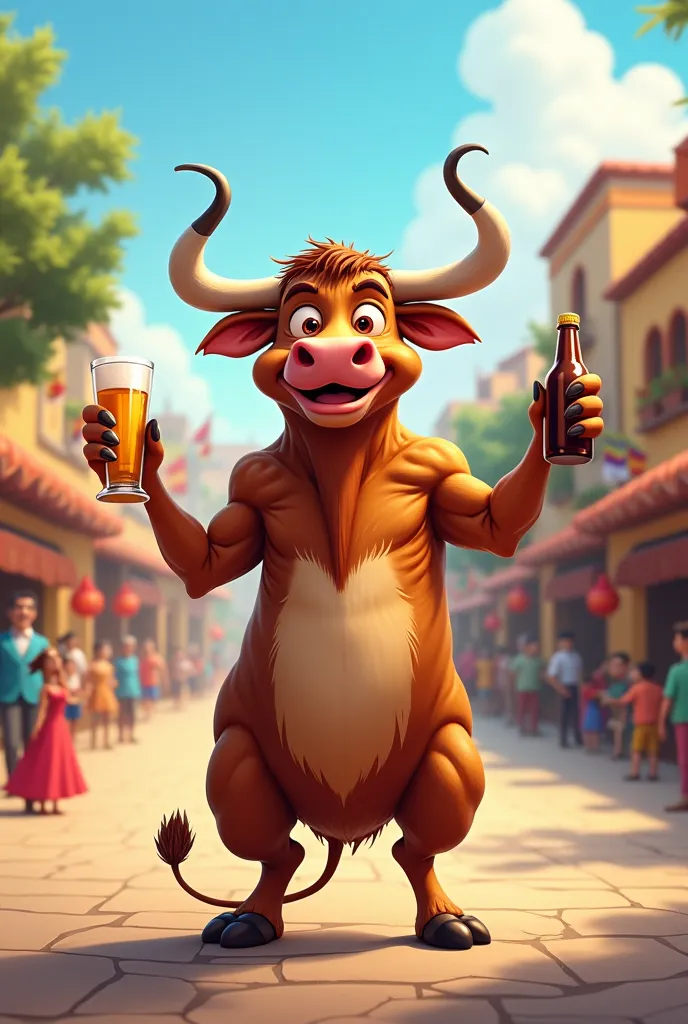 A bull cartoon version for Peña de Pueblo with arms outstretched and in one hand a glass and in the other a bottle