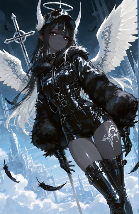 The girl is a fallen black-and-white angel. Her long hair is obsidian black straight with white highlights. her eyes are dark black with white  crosses-like  pupils.  She has dark-grey skin and pointed ears. on her skin she has a tattoo of the silver cross...