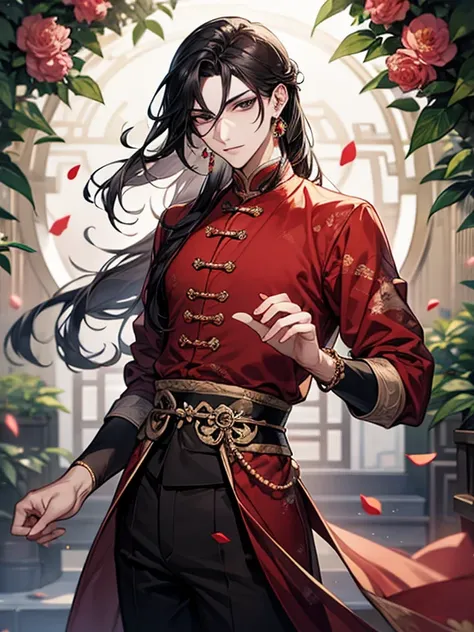 beautiful young man, long black hair, black eyes, tearmole under his left eye, a sword in his right hand, male geisha, red clothes with flower pattern, slender-waisted, delicate figure, man dressed as woman, hairpins, light makeup, ruby earrings, flower ga...